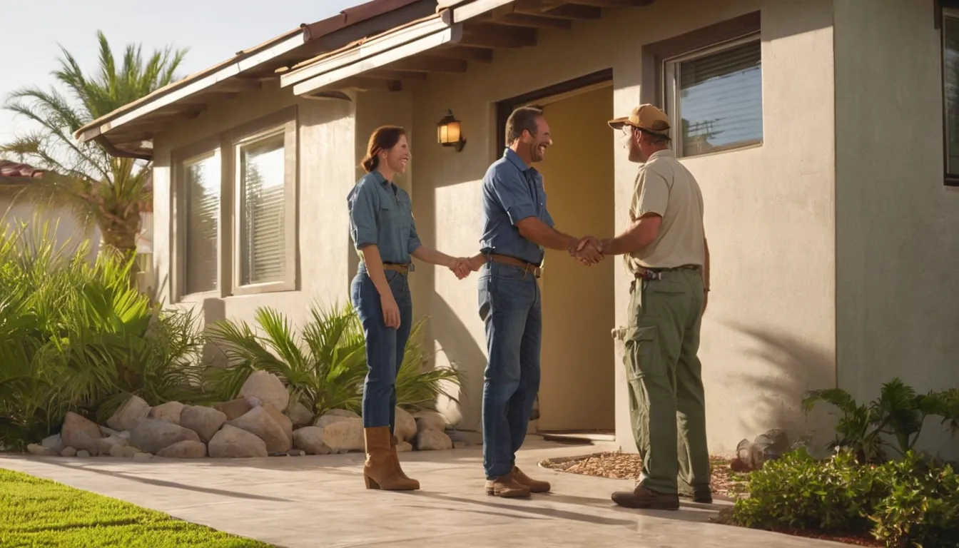 A homeowner in Aventura talking calmly with a pest provider at the front door of a single-story home