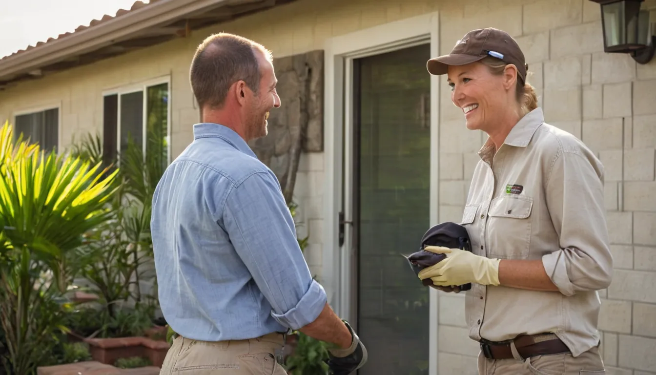 Friendly pest control provider talking with a homeowner at the front door of a Aventura home in the Aventura area