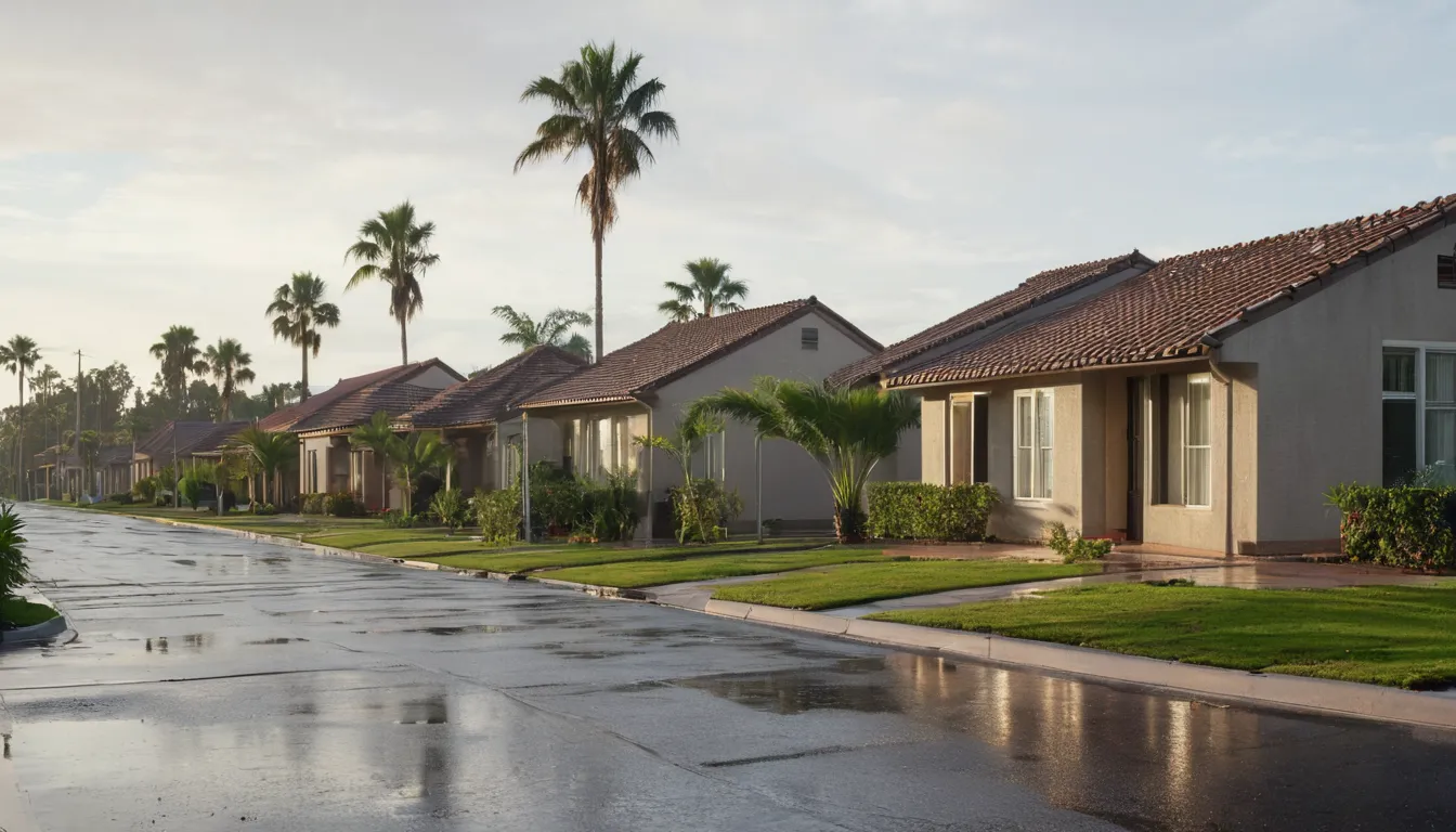 A neighborhood in Aventura with block homes and green landscaping after an afternoon storm
