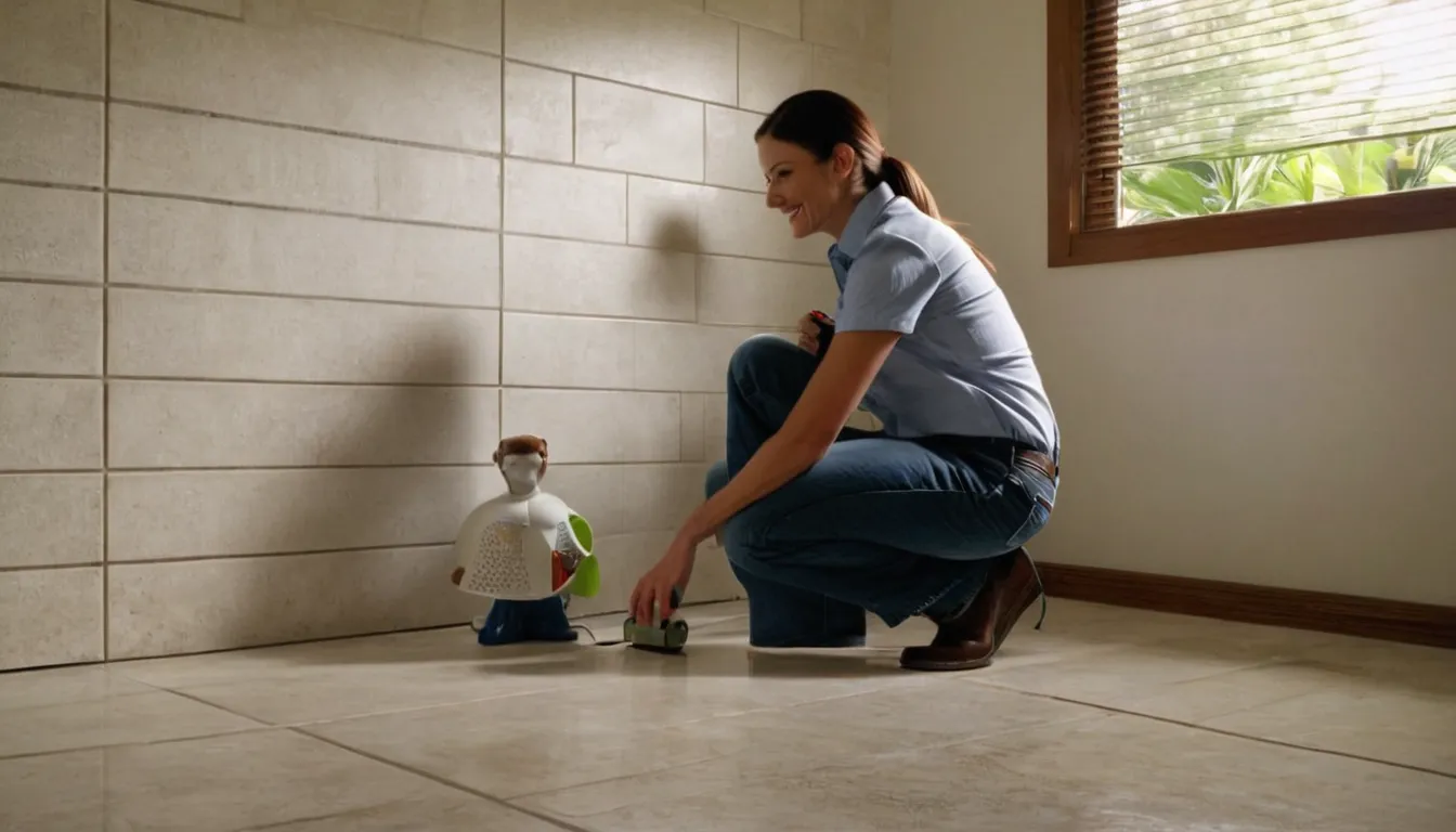 A friendly pest control provider showing a homeowner a termite inspection finding near a baseboard in a Aventura home
